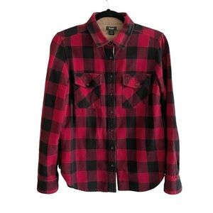 ROOTS Red Black Checked Plaid Flannel Button Front Shirt Elbow Patches S